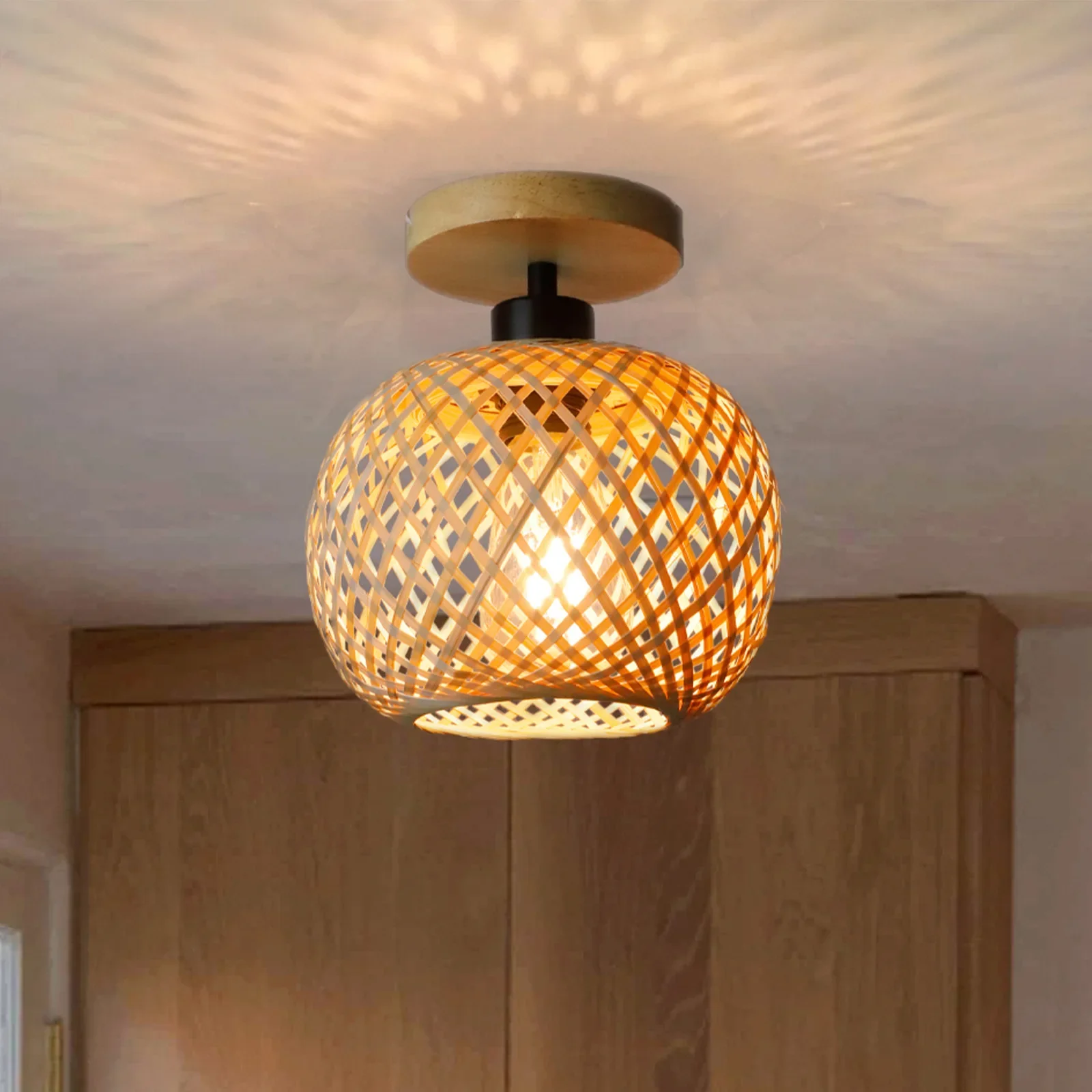 Lampada da soffitto retrò a led in bambù intrecciato Corridoio Corridoio Soggiorno Plafoniera E27 Lampade in tessuto Apparecchi decorativi