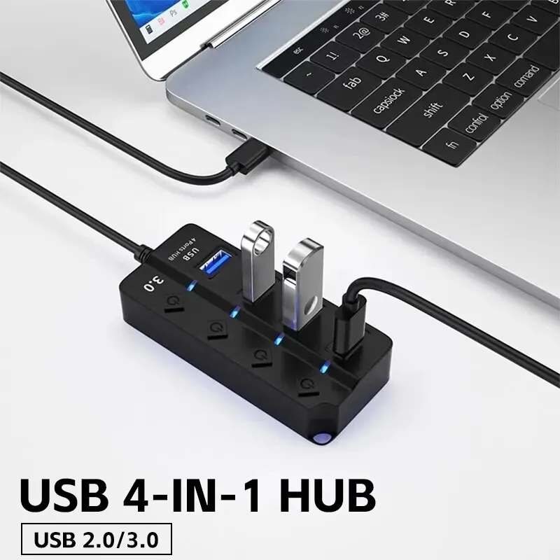 HUB USB3.0 USB-Splitter 2.0 4-in-1-USB-Adapter Multi-Port Independent Power Switch Extender 30 cm Kabel
