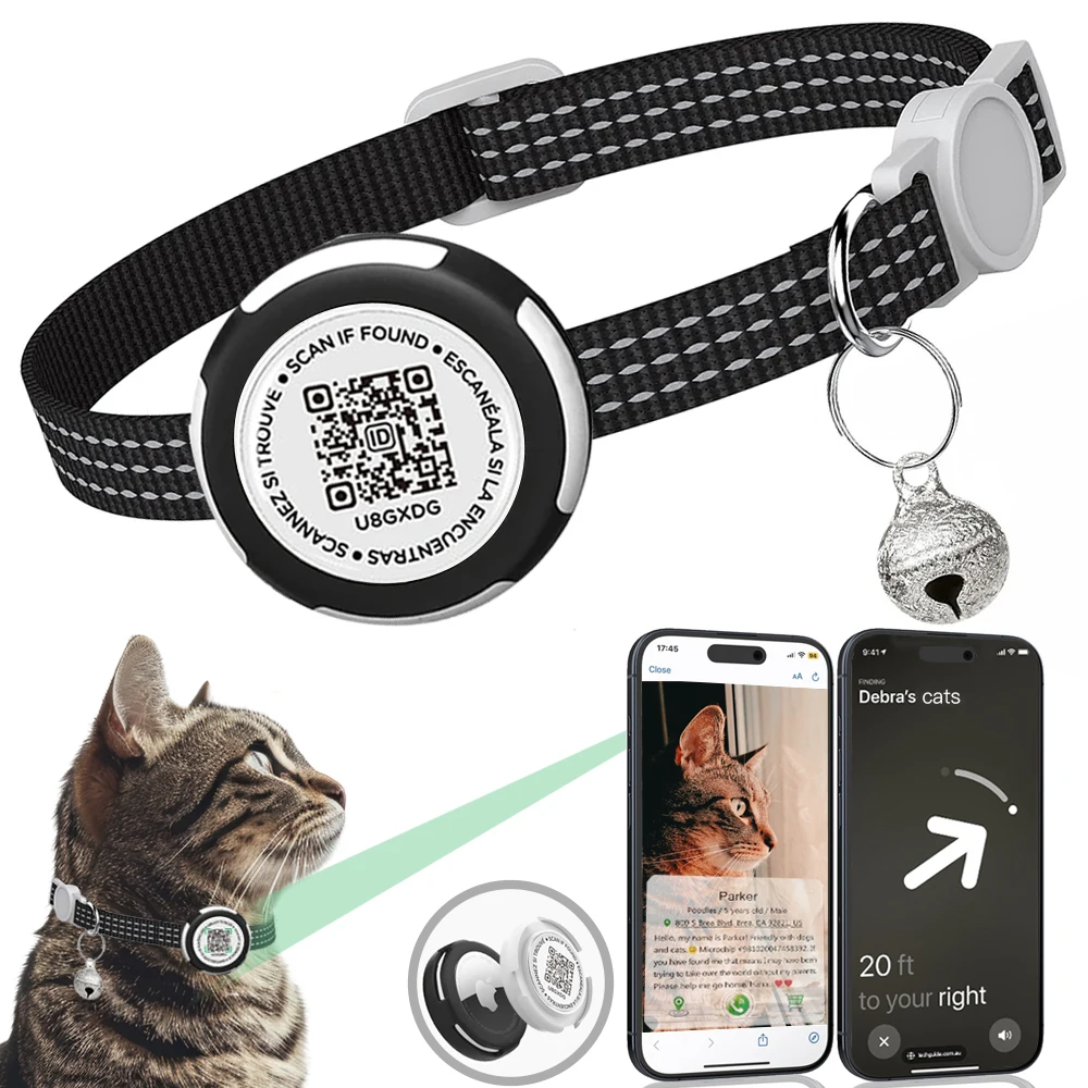 Collar de gato con rastreador GPS, estuche Airtag y etiqueta de identificación QR, Collar reflectante de doble protección para gatos, Gatos, cachorros, etiqueta de aire para gatos