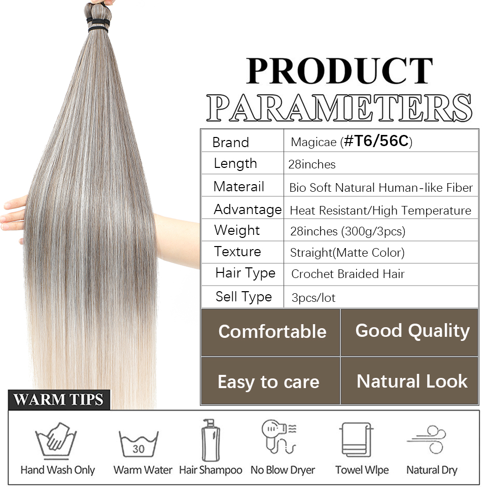 Magicae 28 インチストレートヘアバンドルかぎ針編み三つ編み髪合成編組ヘアストレート編組エクステンション女性のための