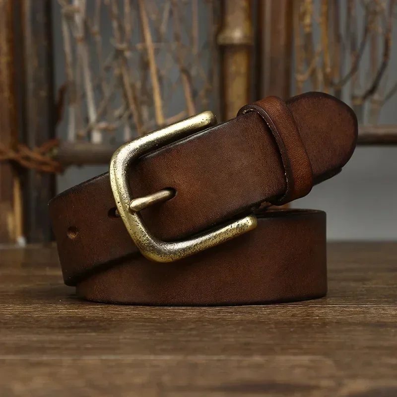 Cinturón de cuero genuino de 3,3 CM, correa de lujo para hombre, hebilla de cobre de Cuero de vaca puro a la moda, hebilla Retro clásica salvaje de alta calidad