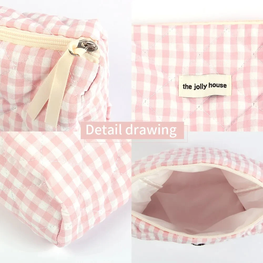 Casual Women's Cosmetic Pouch Large Capacity Travel Storage Bags Simple Plaid Ladies Clutch Handbags Pink Canvas Female Bag