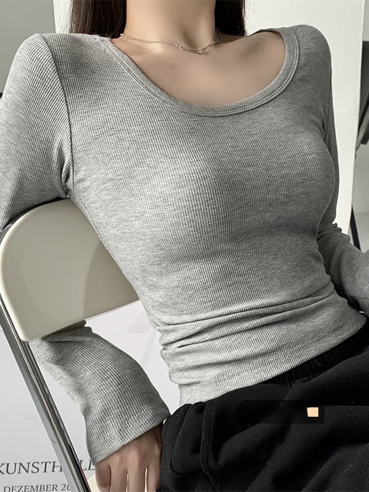 黒スリムフィット長袖肥厚大 U ネック Tシャツ女性のベースレイヤーシャツ春通勤スタイル韓国語バージョンピュアカラー