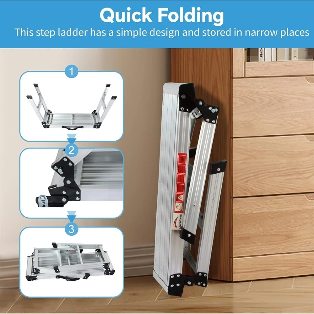 Aluminum Folding Step Ladder Heavy Duty Work Platform with Handle Compact Portable Storage Slip-Resistant Safe Home Office