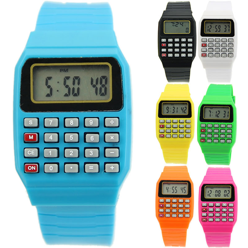 Reloj de pulsera con teclado multiusos y fecha de silicona con calculadora electrónica para niños