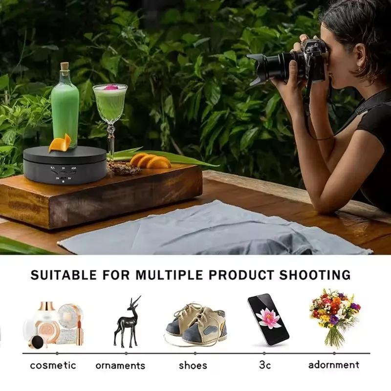 Motorizado 360 °   Soporte de exhibición giratorio con velocidades ajustables alimentadas por USB para joyería/zapatos fotografía vídeo disparo comercial