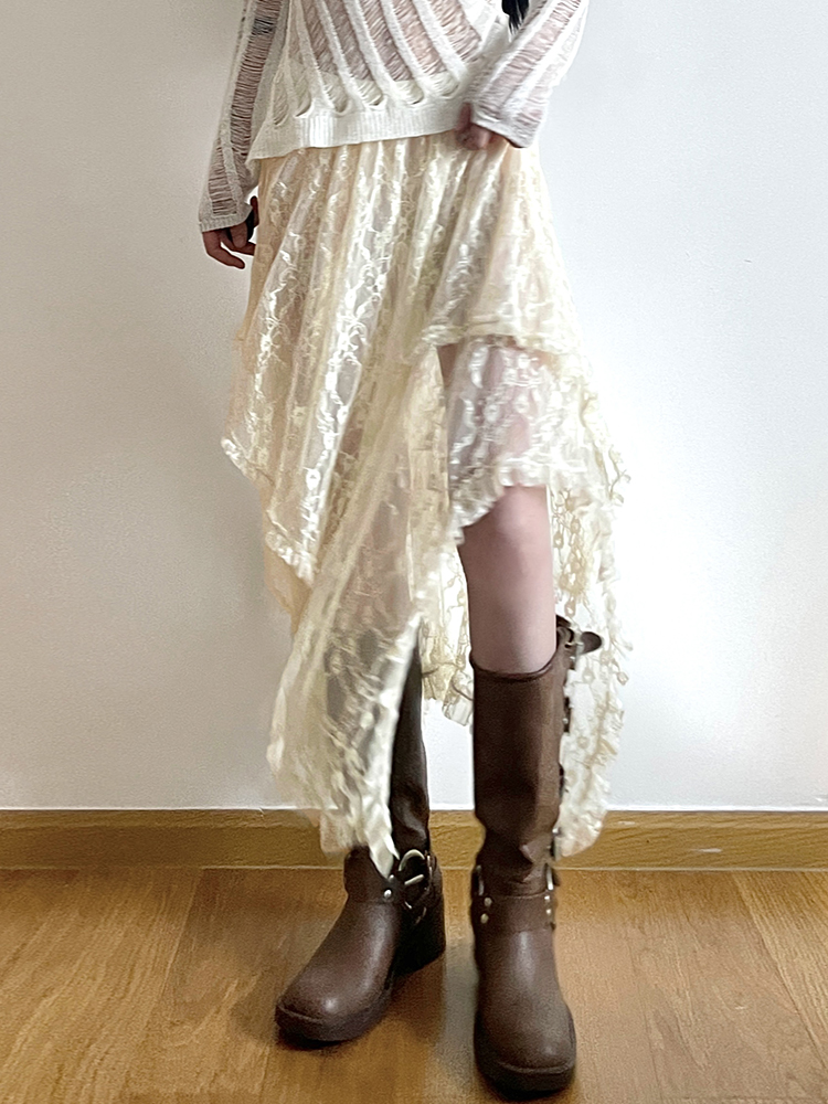 Rockmore Kant Onregelmatige Rok Grunge Fairycore Vrouwen Vintage Y2K Boho Esthetische Coquette Lage Taille Mid Rokken Vakantie Outfits