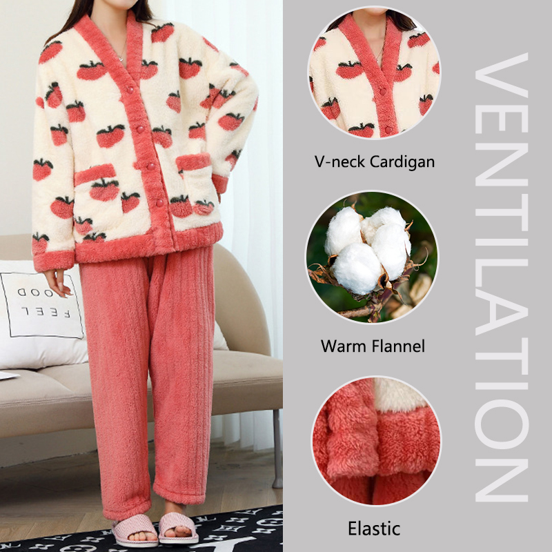 Pijamas acolchados y gruesos de franela cálida para mujer, ropa de dormir de invierno, ropa de dormir de melocotón, ropa de casa de terciopelo Coral, conjunto de dos piezas