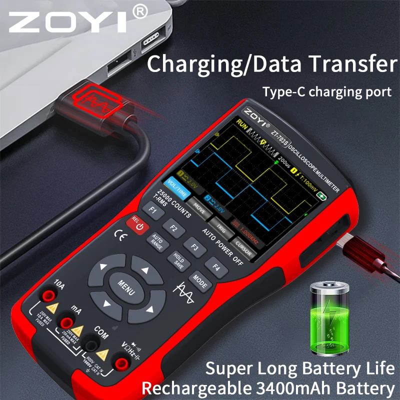 ZOYI 3-in-1 digital multimeter 50MHz bandwidth 280MS rate PC waveform data storage dual oscilloscope signal generator auto repai