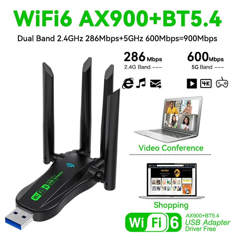 WIFI6 AX900 USB WiFi Bluetooth 5.4 Беспроводной адаптер двухдиапазонный 2,4G + 5 ГГц 4 антенны 900 Мбит/с приемник сетевой карты для WIN 10/11