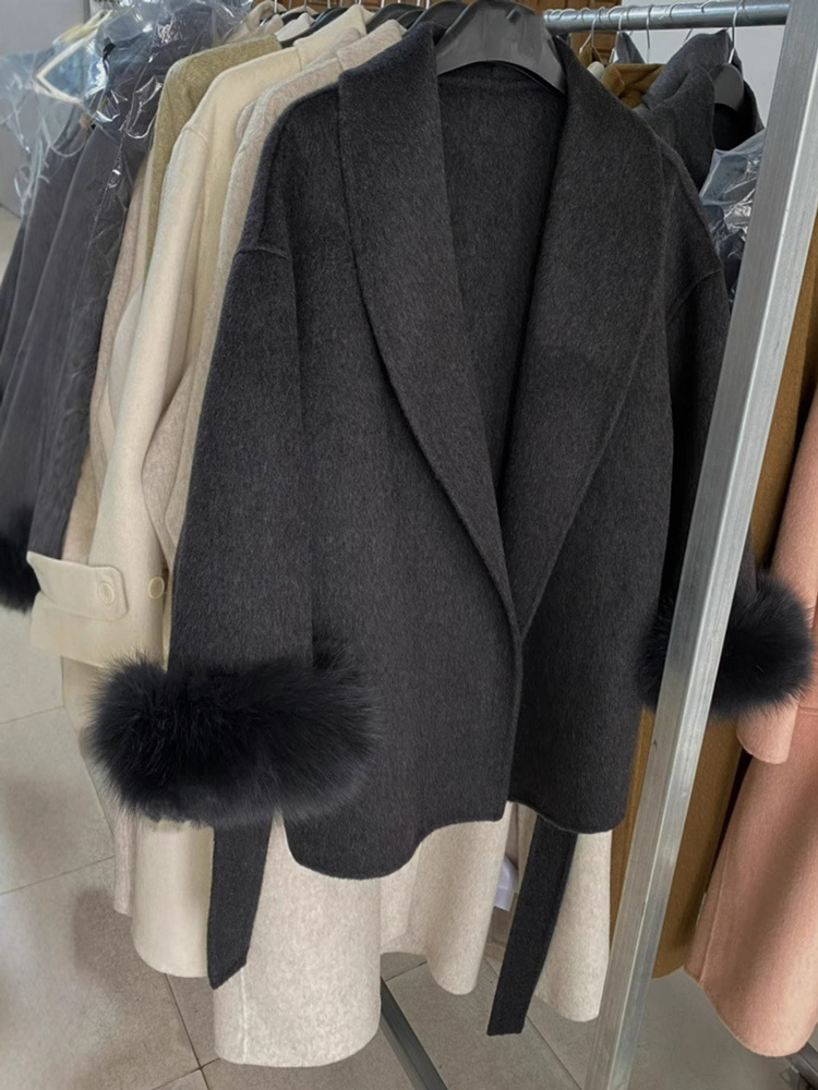 Tossy Fox Fur Wool Overcoat Damski krótki płaszcz biurowy Lady Elegancki dwustronny wełniany płaszcz 2025 Nowe kurtki kardiganowe luźne