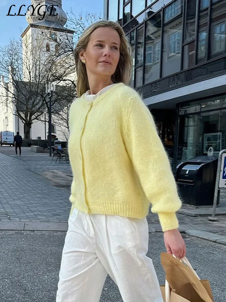 Lässig gestrickte Mohair-Strickjacken Frauen solide o Hals einreihige Langarm pullover 2024 Herbst rosa All-Match-Strickwaren neu