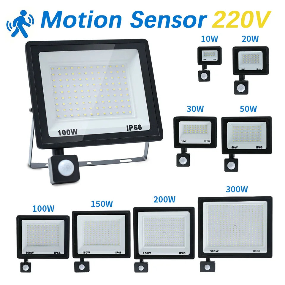 LED Flood Light PIR Motion Sensor 10W 20W 30W 50W 100W 150W 200W 300W AC220V IP66 Wodoodporny reflektor uliczny Reflektor zewnętrzny