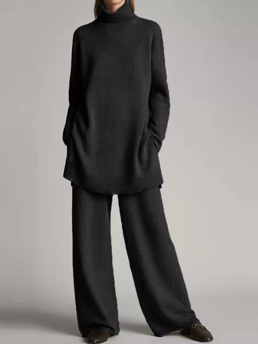 ソリッドカラーの長ズボンセット女性薄い春ルーズタートルネックプルオーバーワイド脚ズボンツーピースセット女性カジュアルスーツ Y2k