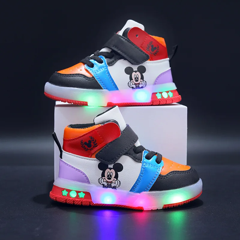 ディズニー ガールズ Causla シューズ PU レザー ミッキーマウス LED 発光子供スニーカー 1-6 歳の男の子のスポーツカジュアルシューズ