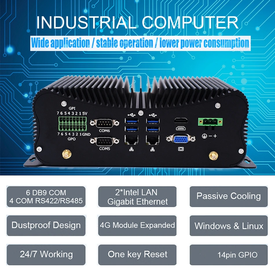 Встроенный безвентиляторный промышленный компьютер Core i5-4278U i7-4500U 6x DB9 COM 8G DDR3 256G SSD HD VGA Dual i211 Network Commercial PC