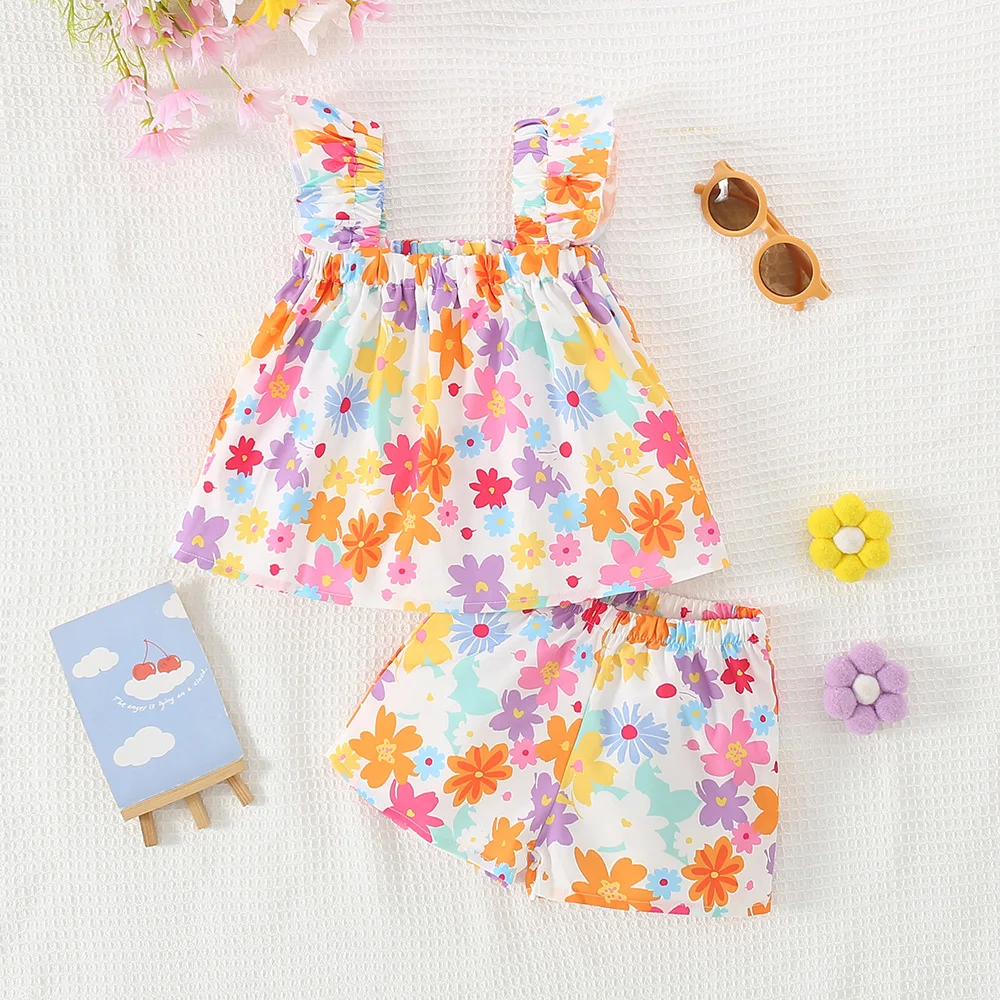 Nuovo set estivo per bambina con fiori colorati, set in due pezzi per neonato in stile campagna, vestiti senza maniche per bambini