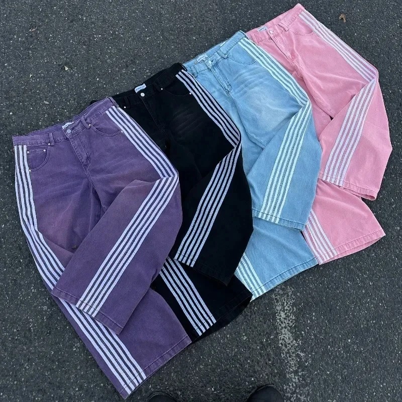 Y2K pantalones vaqueros holgados Harajuku bordados a rayas ropa de calle vintage de alta calidad Hip Hop gótico hombres mujeres pantalones vaqueros de pierna informales anchos