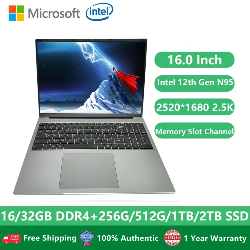 2023 Gaming Laptops Windows 11 Office Notebook Netbook 16 Inch 2520*1680 2.5K Screen Intel Alder N95 32GB DDR4 2TB WiFi Computer