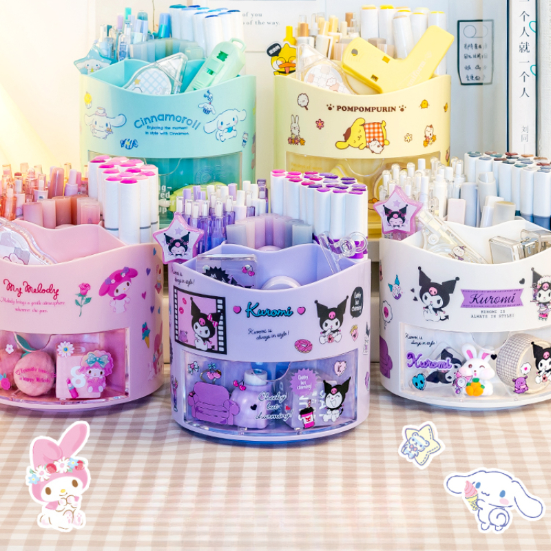 Вращающийся держатель для ручек Miniso Sanrio, ящик для хранения, настольный органайзер и наклейки Kawaii Sanrio Cinnamoroll, милые канцелярские принадлежности для девочек