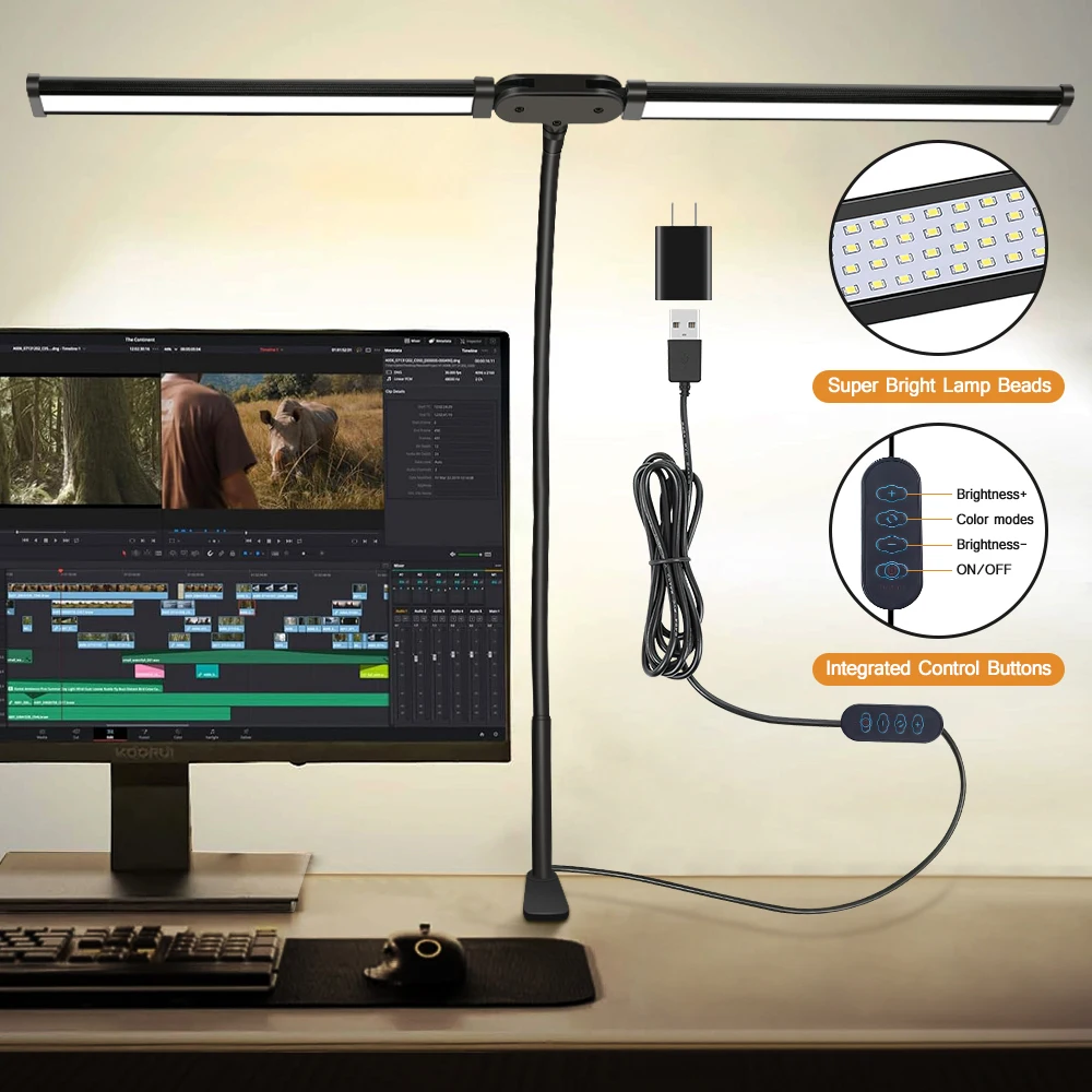 Doppel-/Einzelkopf-LED-Schreibtischlampe, dimmbar, PC-Monitor-Licht, USB-Tischlampen, Leselampen, Augenschutz, 3-Farben-Modus für Büro