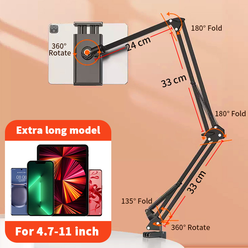 Tablethouder voor bed met 90 cm metalen armkussenstandaard Tabletbeugel 360 ° Roterend bed Telefoonhouder voor 4,5 ~ 12,9 inch telefoontablet