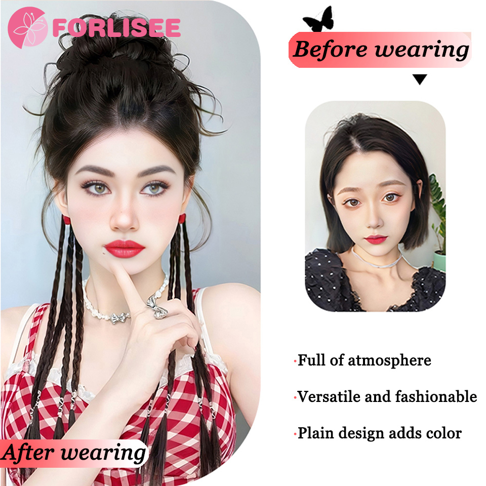 Forlisee-編み込みのボールヘッド,合成,ふわふわ,天然の花のつぼみ,ドラゴンのあごひげ,ハーフタイ,ボクシングの三つ編み