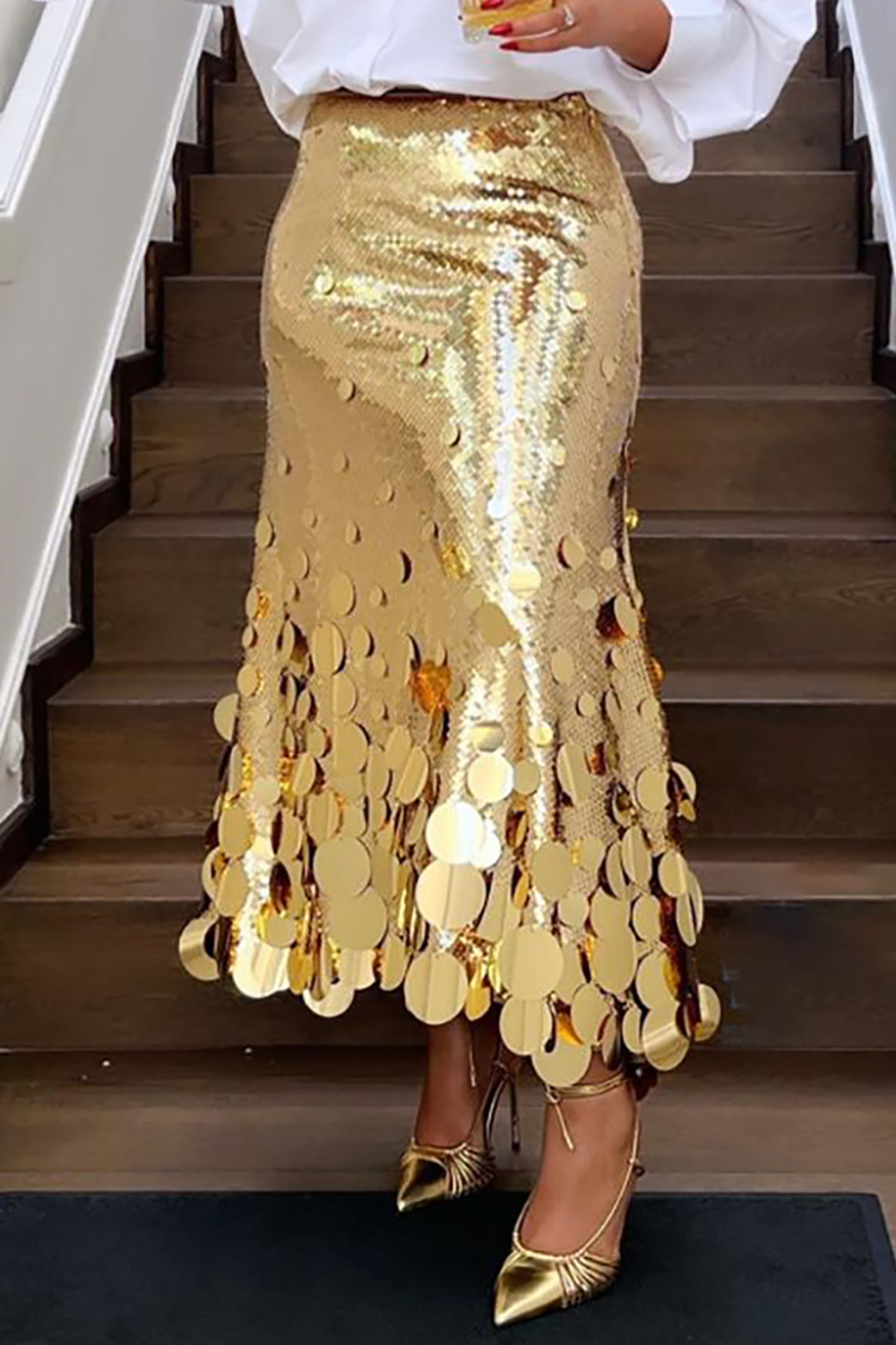 Plus size feminino saias formais elegante ouro prata longo lantejoulas festa clube noite saias de cintura alta feminino casual cocktail saias