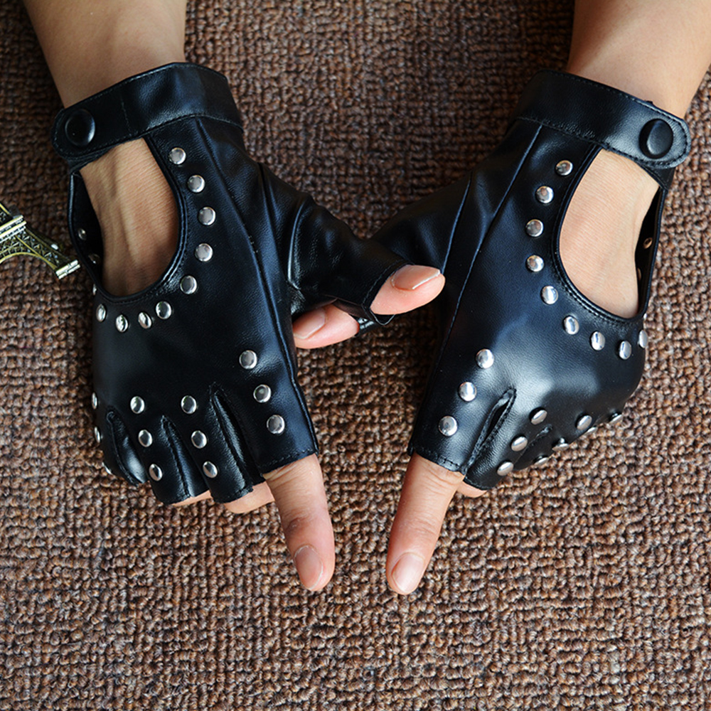 Women Punk Fingerless Dance Gloves with Studs Black PU Leather Rivets Cosplay Performance Dance Gloves Sexy Cool Riding Gloves
