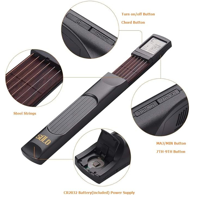 Herramienta de práctica de acordes de guitarra de bolsillo, mástil de guitarra portátil para principiantes de entrenamiento con pantalla de tabla de acordes giratoria