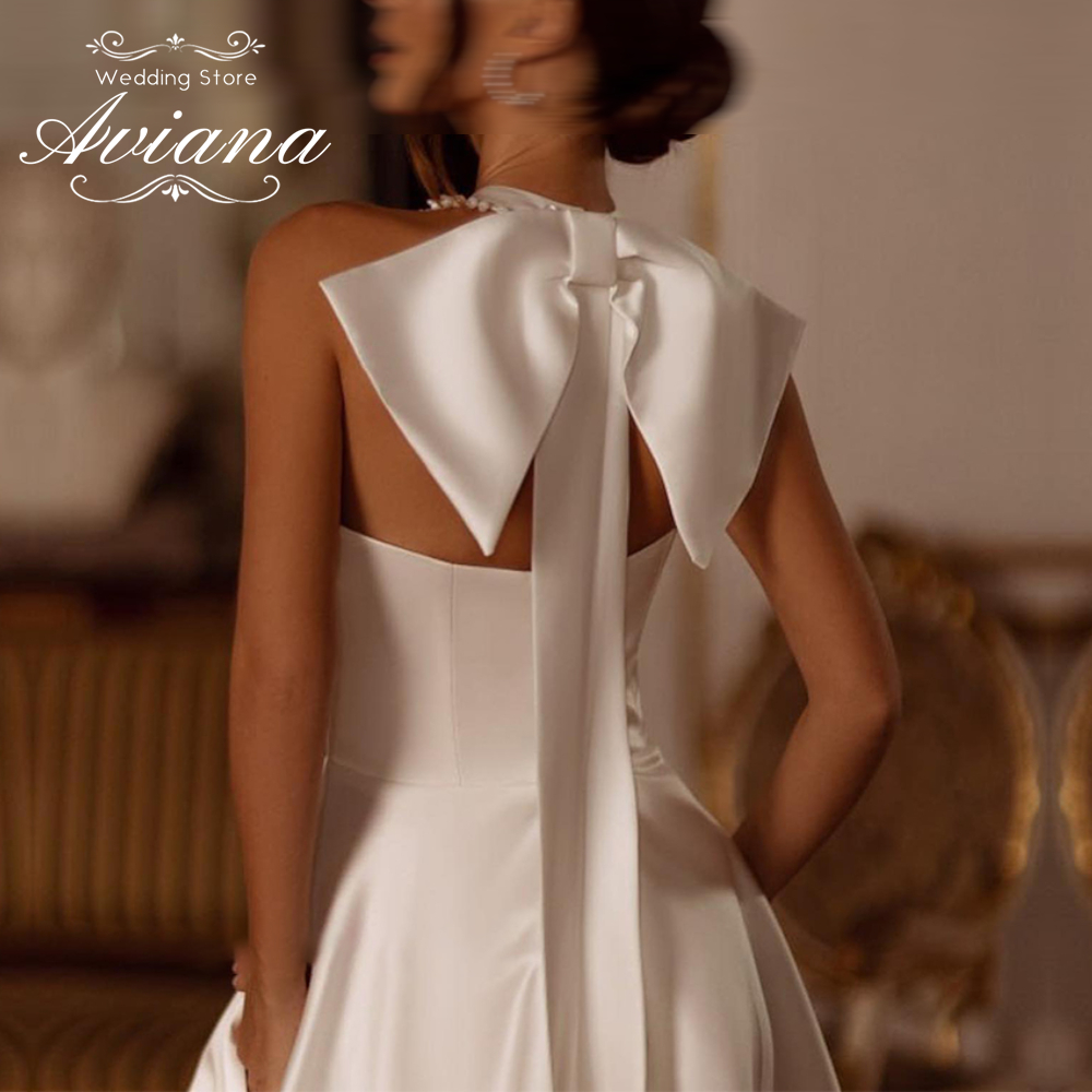 Aviana カスタマイズされた気質エレガントな真珠ノースリーブのウェディングドレス女性ハイスリットバックリボン A ラインシンプルなステインブライダルドレス