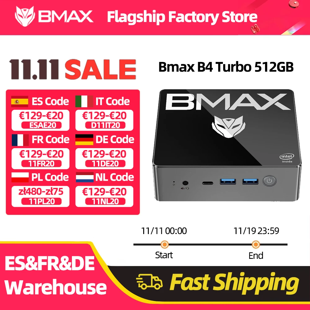 BMAX B4 Turbo Mini PC Windows 11 PC Intel N150 16GB 512GB SSD 2 * HDMI 1 * Tipo-C Suporta 4K @ 60Hz 1000MHz Gráficos Intel