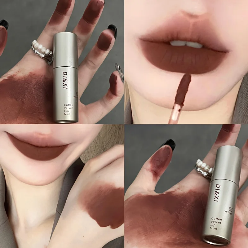 Brillo de labios de terciopelo mate marrón oscuro, tinte de labios marrón Nude, maquillaje de barro, lápiz labial líquido impermeable, café Latte, esmalte de labios cosméticos