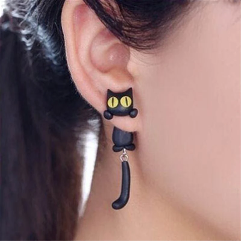 Nueva moda hecha a mano de dibujos animados 3D arcilla polimérica pendientes de animales mujeres lindo gato Stud pendiente oreja joyería niñas
