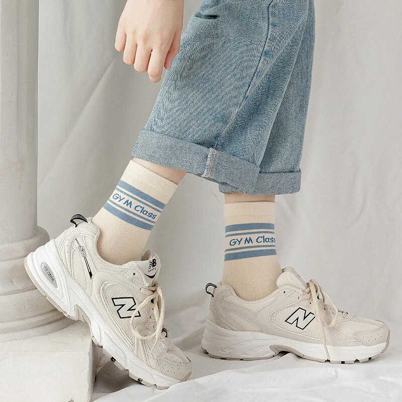 5 pares de calcetines de media pantorrilla bonitos y a rayas para las cuatro estaciones de primavera para mujer, bonitos y jóvenes, a la moda y cómodos