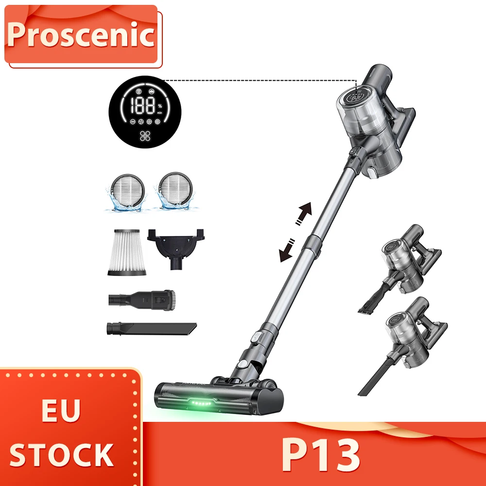 Proscenic P13 Akku-Staubsauger, 35 kPa Saugkraft, Stabstaubsauger mit grünem Licht, LED-Anzeige, Anti-Tangle-Rollenbürste
