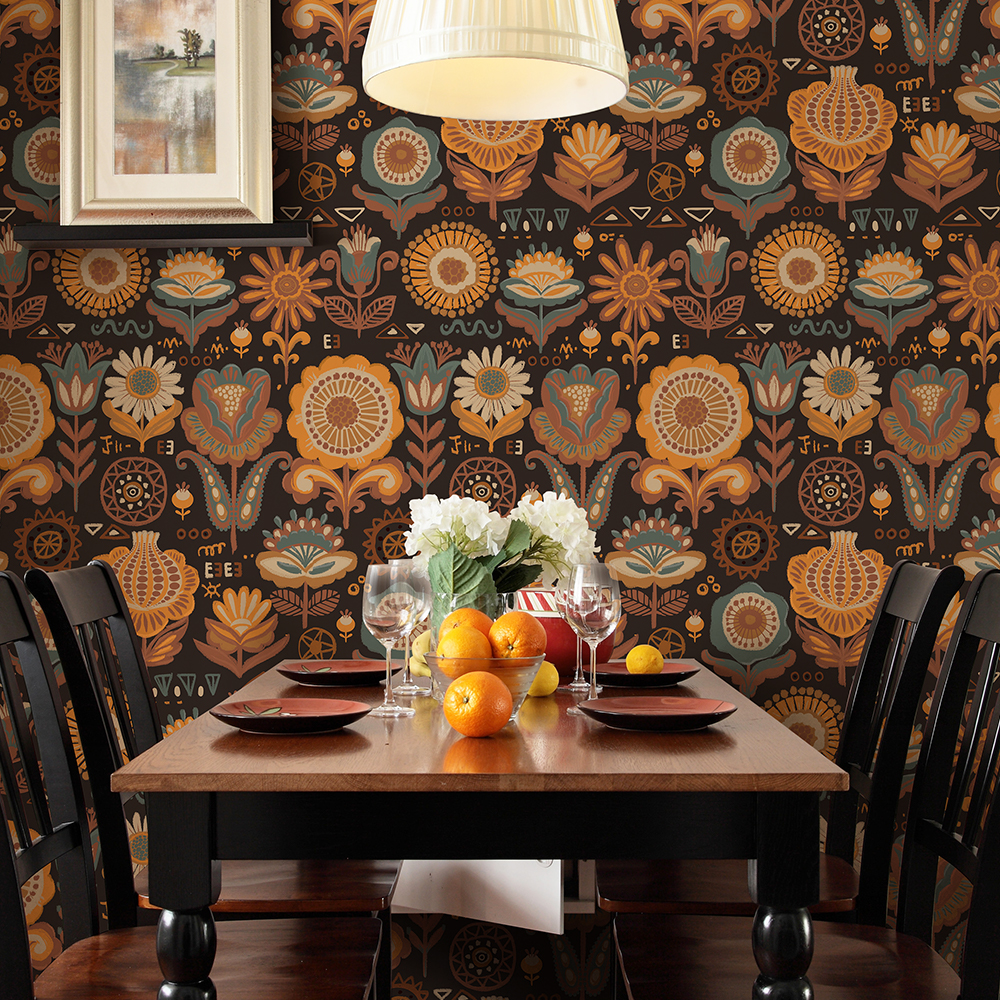 レトロな花の皮と棒の壁紙,黄色と黒,PVCの装飾,家具の改修,テレビの背景ステッカー