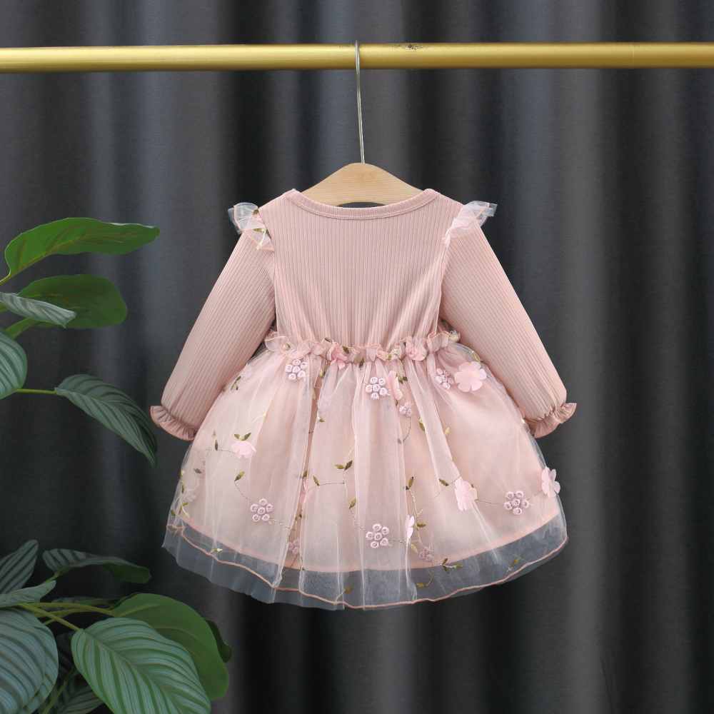 Neues süßes langärmliges Mädchen kleid Frühling und Herbst Baby einfarbiges Oberteil, das zwei Bogen blumen netz kleid spleißt