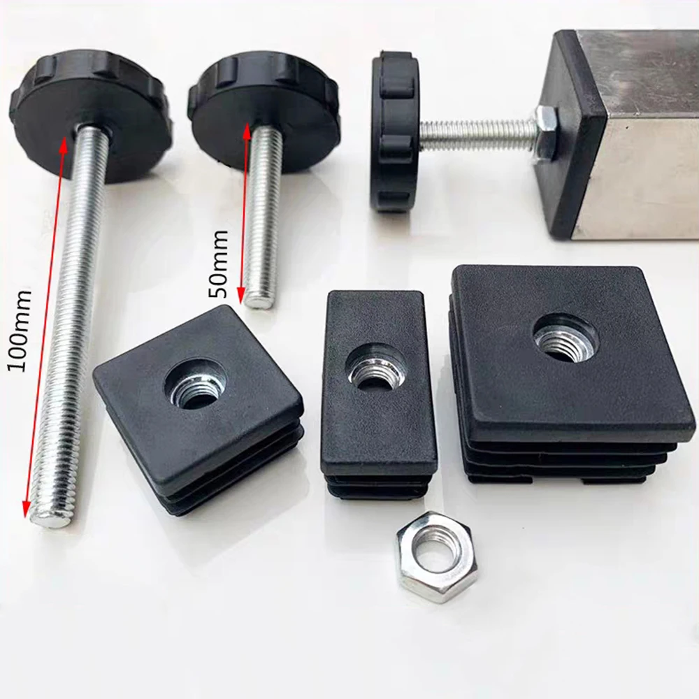 4Pcs ปรับเท้าแผ่น M8 Nut ท่อปลั๊กสีดำรูปสี่เหลี่ยมผืนผ้าหลอดเฟอร์นิเจอร์ Leveling ฟุต Levelers สำหรับตารางขาเก้าอี้