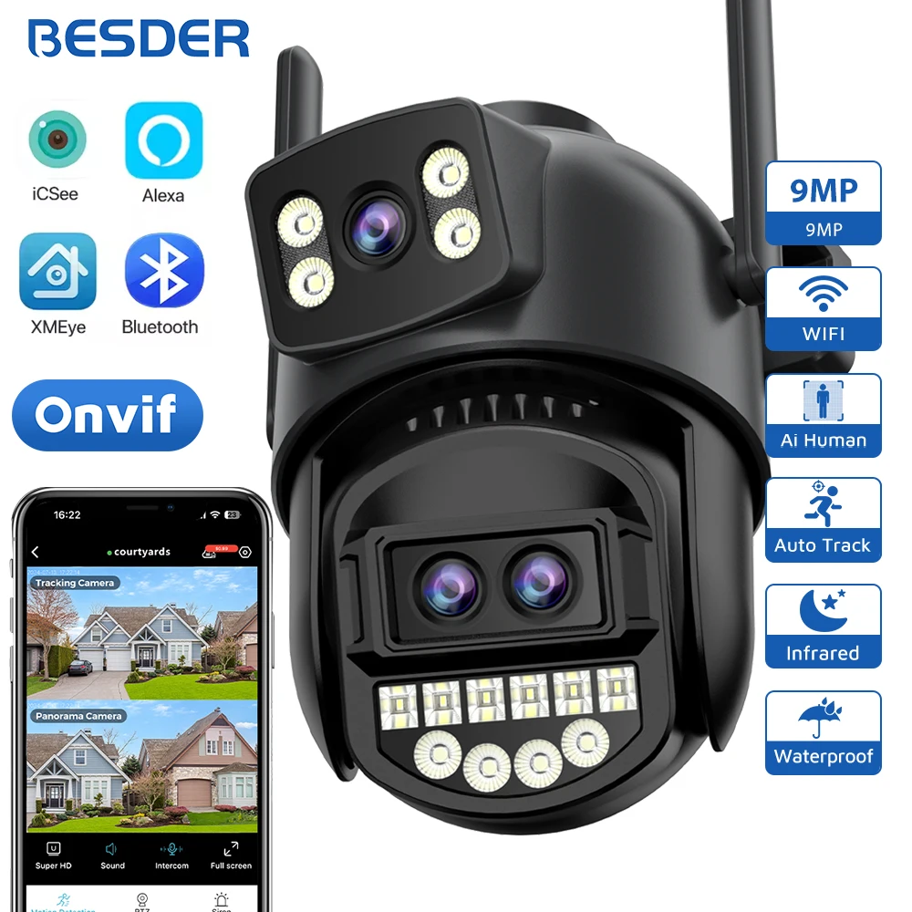 BESDER-cámara Wifi de pantalla Dual de 9MP, PTZ, Zoom Digital 8X, visión nocturna en Color, protección de seguridad exterior, cámara IP CCTV de 8MP iCSee