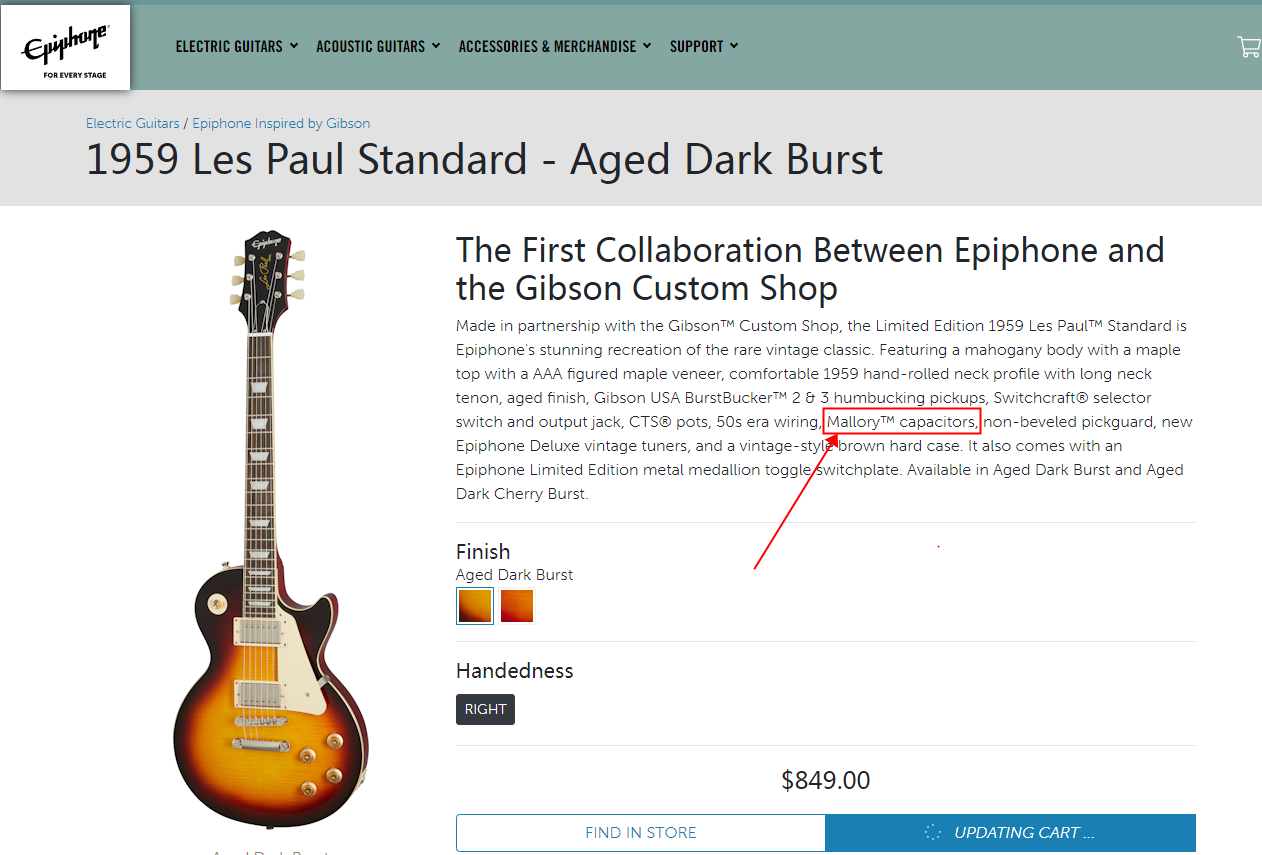 Подлинный США Mallory 0,022 UF 223K тональный колпачок (конденсатор) для электрогитары Epiphone 1959 LP SG