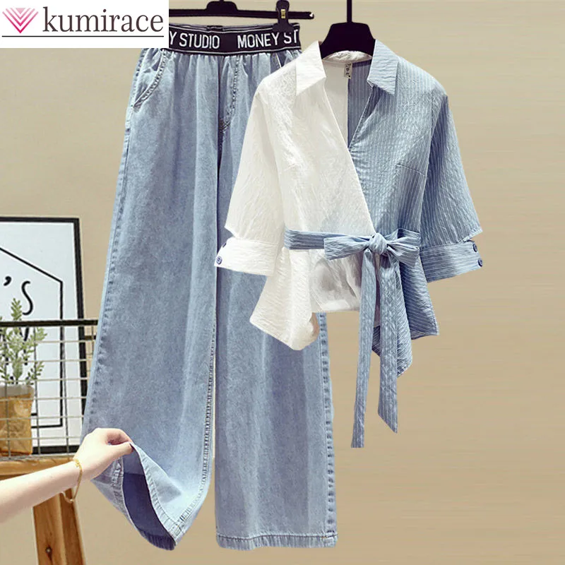 Mùa Hè 2022 Mới Khâu Áo Sơ Mi Voan Nữ Bộ Nữ Quần Jean Cổ Áo Hai Bộ Nữ Tracksuits