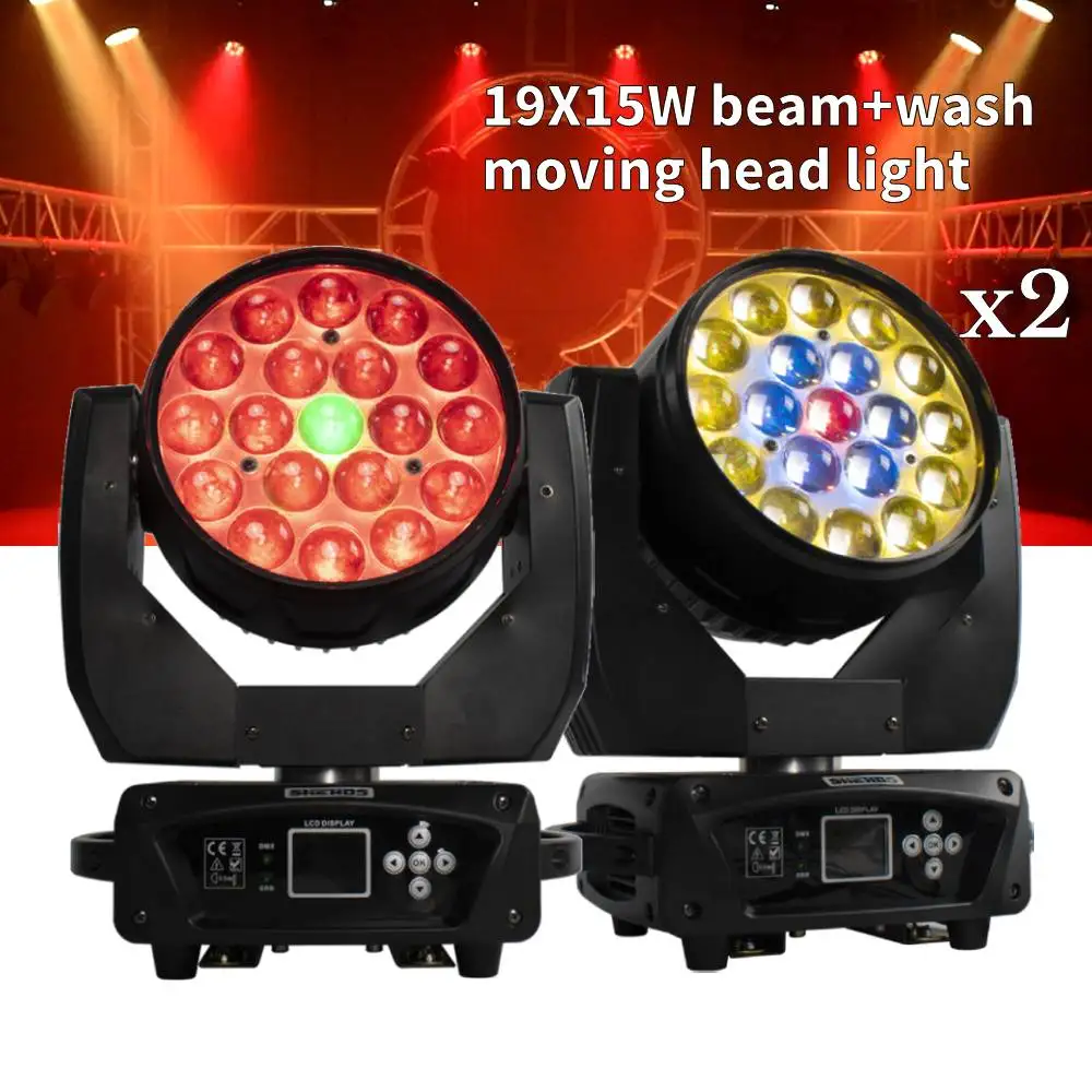 SHEHDS 2pcs LED Zoom 19x15W RGBW Beam Wash Moving Head Lighting Beads Circle Control for DJ Disco Concerts Wedding Christmas