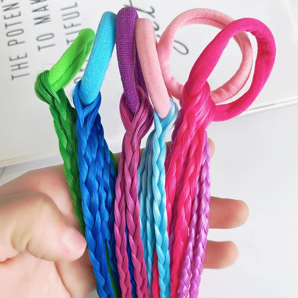 Extensões de cabelo de tranças coloridas sintéticas com faixas de borracha arco-íris trançado rabo de cavalo acessórios de cabelo para crianças meninas
