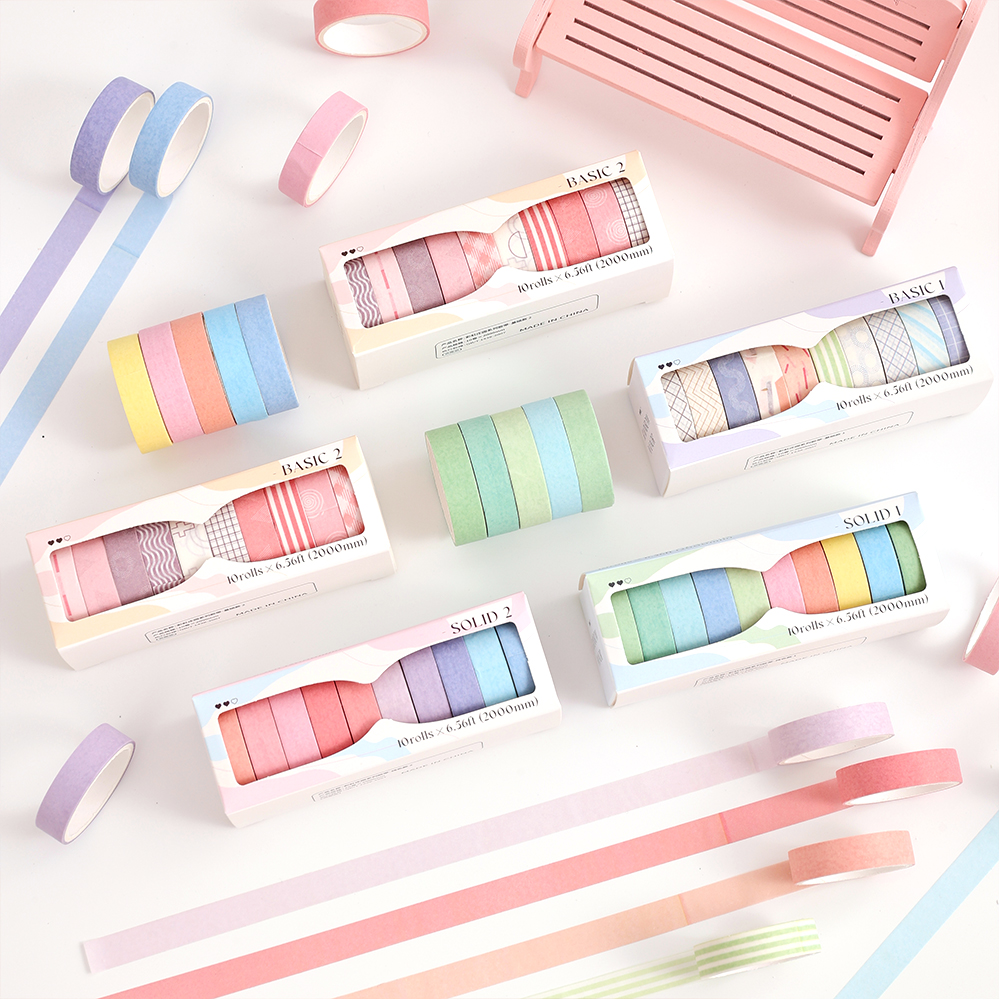 10 ม้วนสีสัน Slim สีทึบ Washi เทป DIY ตกแต่ง Masking เทปห่อ Scrapbooking Journaling Supplies