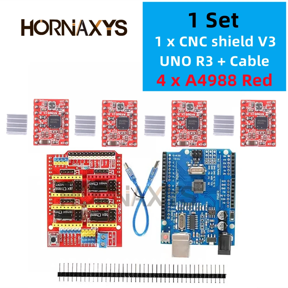 Máquina de grabado CNC Shield V3, impresión 3D + 4 Uds., placa de expansión de controlador DRV8825 o A4988 para Arduino + UNO R3 con Cable USB