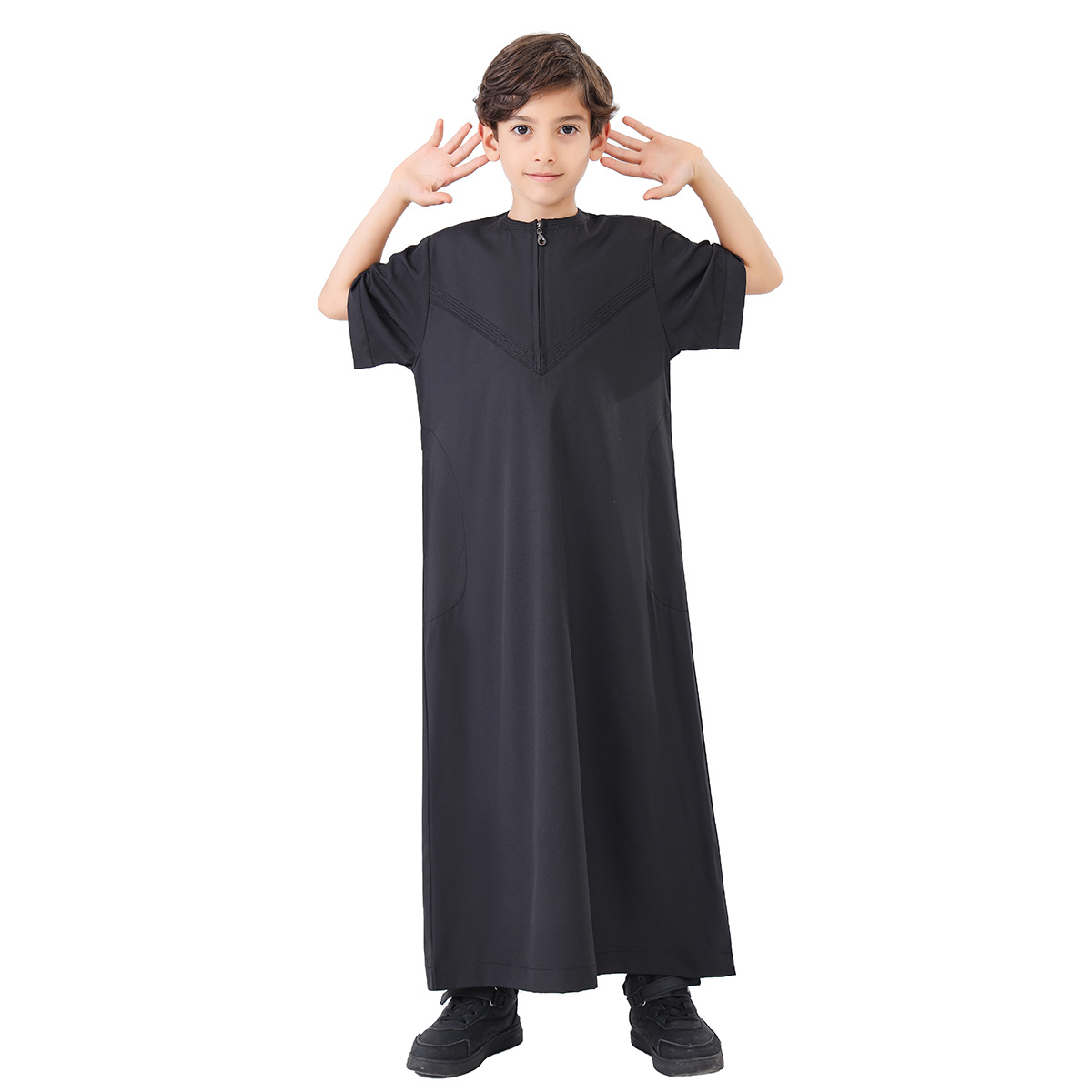 Jongen Jubba Thobe Kinderjurk Eid Moslim Lang Gewaad Rits Korte Mouw 2025, Ramadan Kind Saudi Wear Abaya Caftan Dubai Arabisch