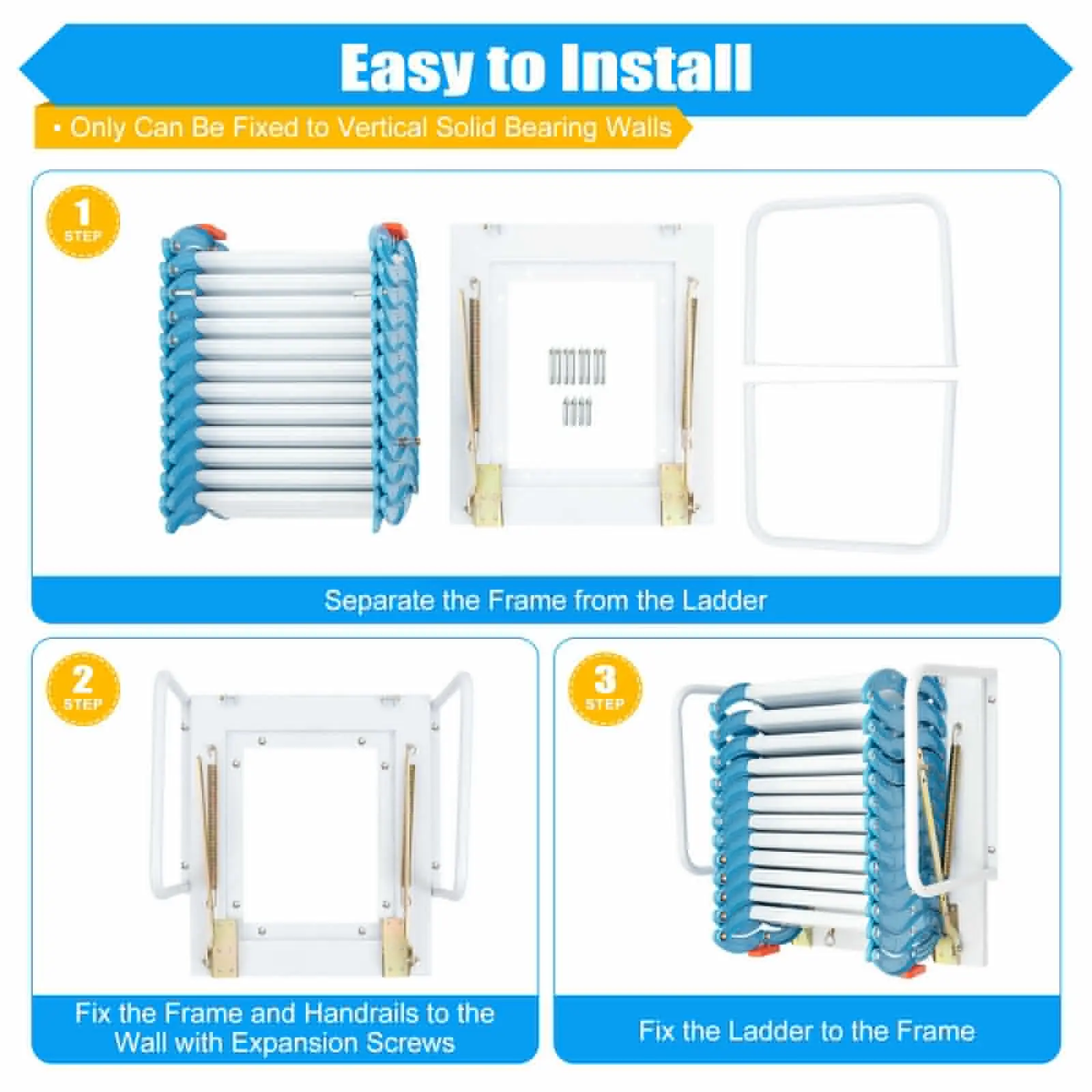 Attic Ladder Wall Mounted Ladder Folding Stairs 12 Steps Pull Down Ladder
