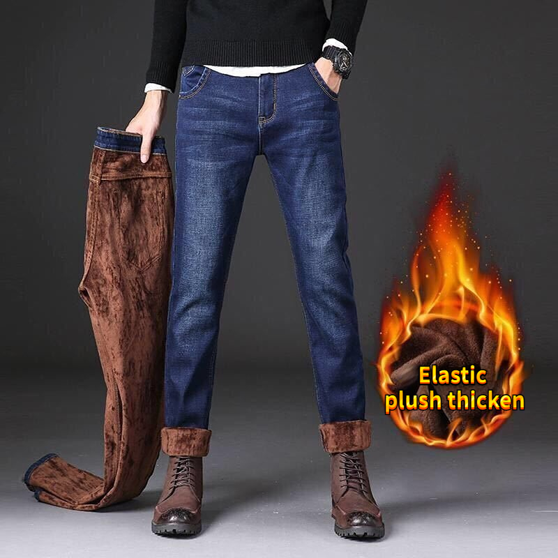 Jeans estilo coreano masculino, calças retas largas, tecido jeans escovado elegante, calça elástica grossa quente, inverno