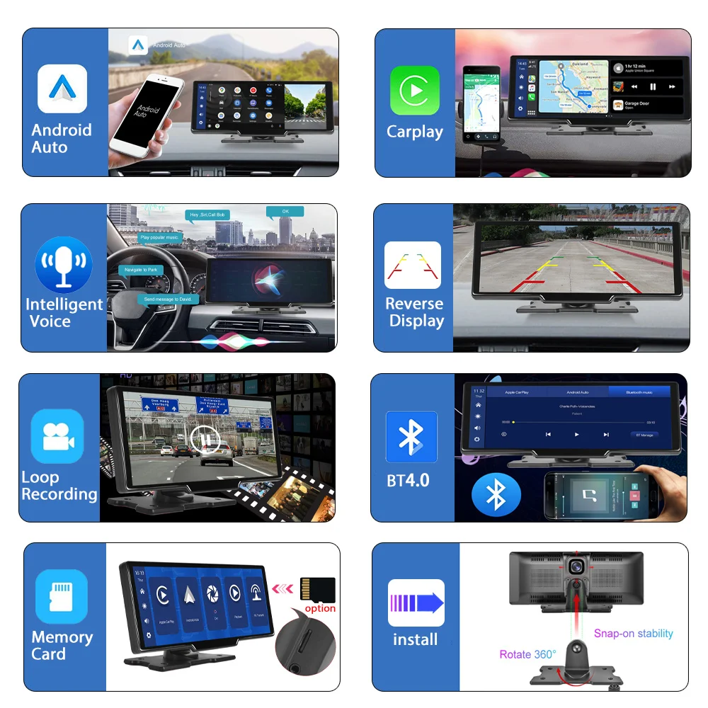 Podofo 10,26 "cámara de salpicadero 4K cámara de visión trasera inalámbrica Carplay Android Auto GPS con Control de voz tablero DVR Monitor de coche
